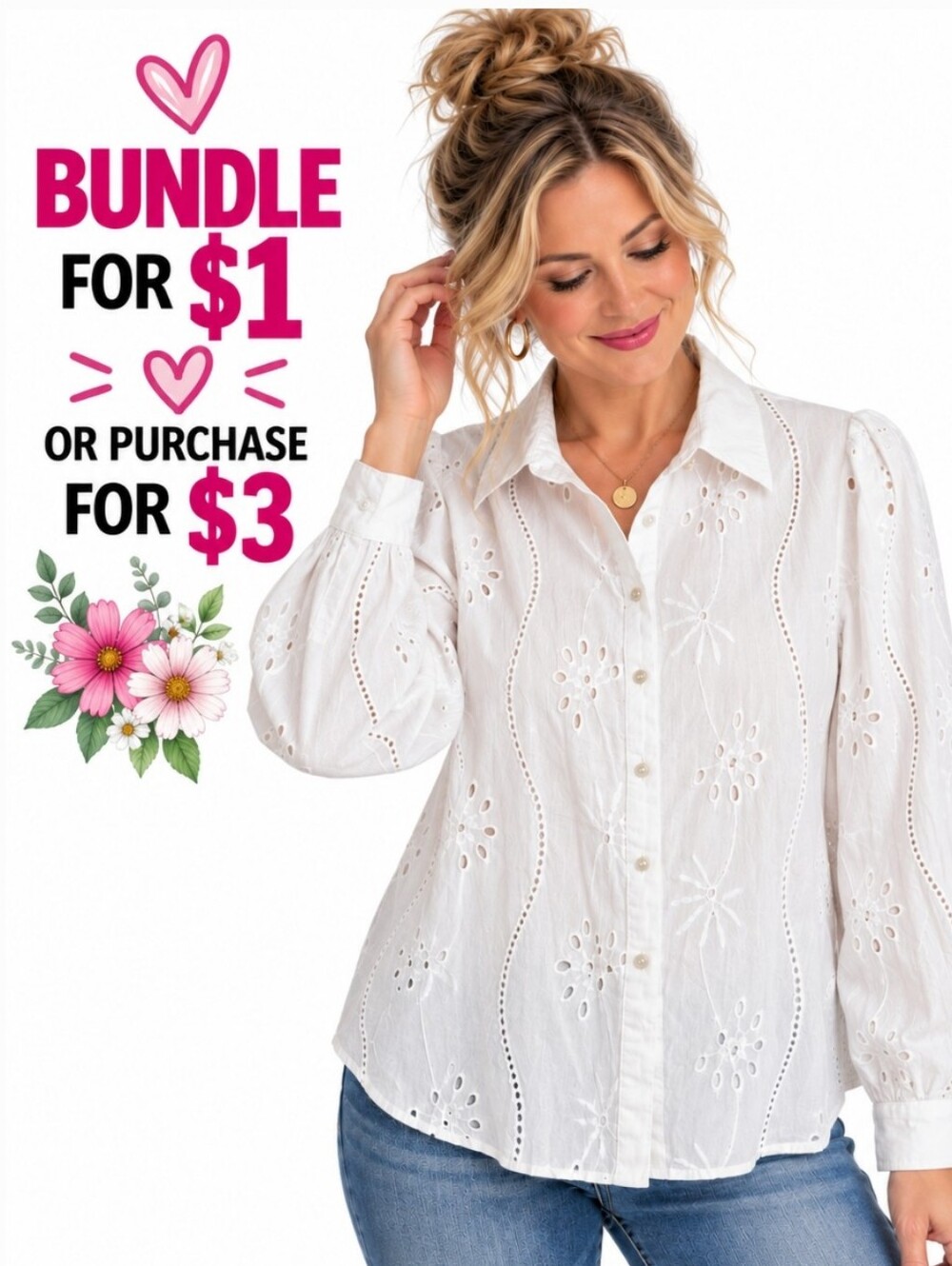 😍Seven Wonders White Cotton Eyelet Floral Embroidered Button Blouse Large US 8